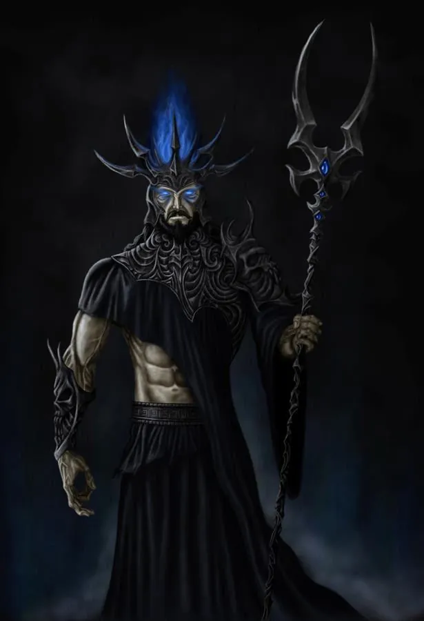 Hades, o Senhor do Submundo, com coroa de chamas azuis e cetro