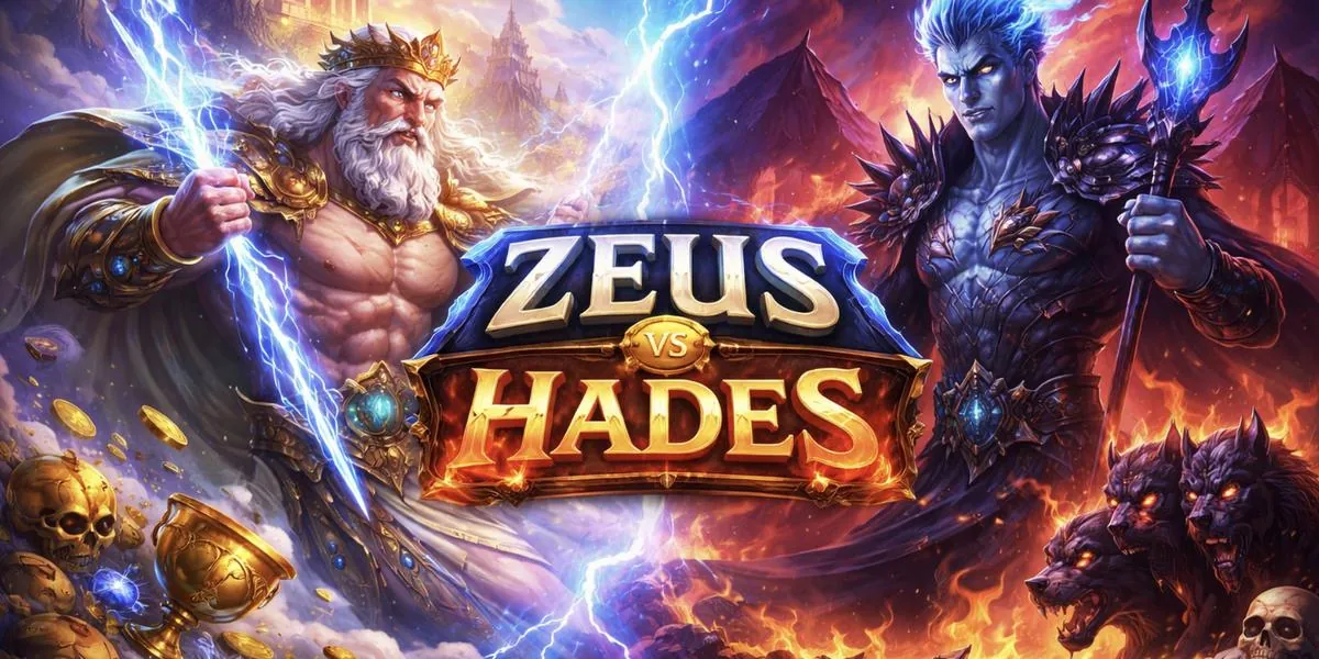Zeus, com um raio na mão, frente a frente com Hades e seu cetro